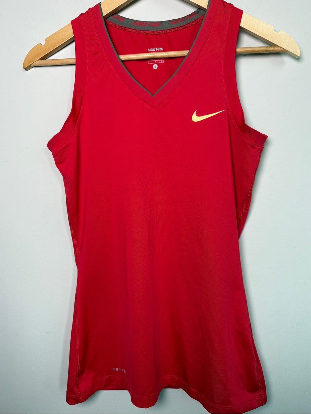 Nike Red Sleeveless Dri-FIT V-Neck Tank with Yellow Swoosh